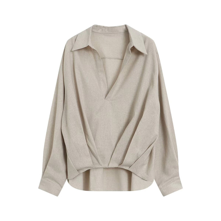 Damen Oversize Leinenoptik-Bluse mit tiefem V‑Ausschnitt, Hemdkragen und gerafftem Vorderteil Echo Archiv