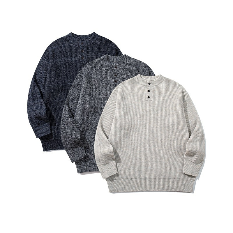 Unisex Oversize Grobstrick-Henley-Pullover mit melierter Struktur und Rippabschlüssen Echo Archiv