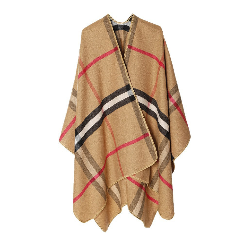Damen Karierter Wollmix‑Poncho im Oversize‑Cape‑Schnitt mit Zierstichkante Echo Archiv
