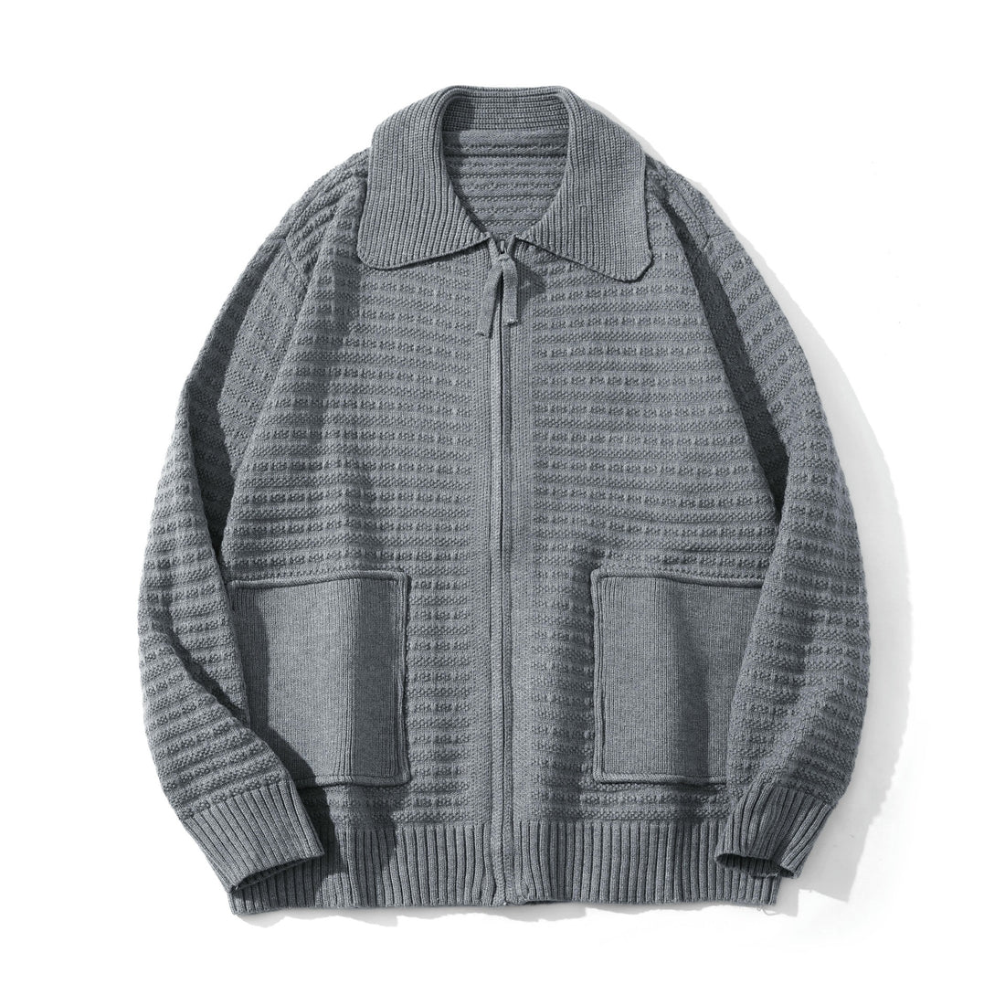 Unisex Strukturiertes Zip-Strickcardigan mit großem Reverskragen Echoarchiv