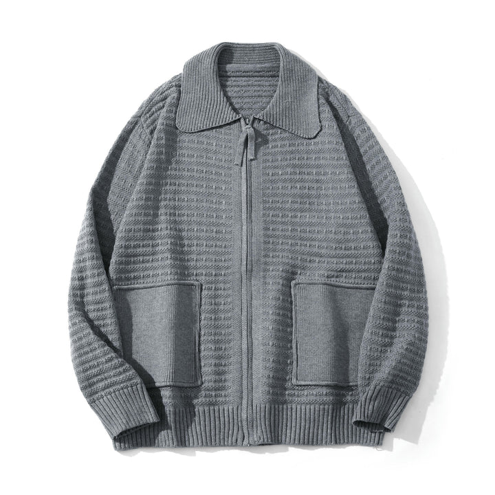 Unisex Strukturiertes Zip-Strickcardigan mit großem Reverskragen Echoarchiv
