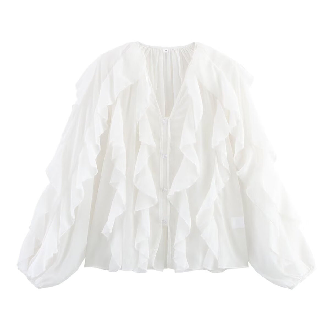 Damen Volant-Chiffonbluse mit V‑Ausschnitt, Knopfleiste und Ballonärmeln Echo Archiv