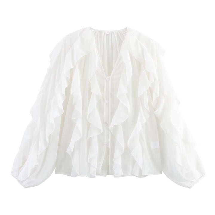 Damen Volant-Chiffonbluse mit V‑Ausschnitt, Knopfleiste und Ballonärmeln Echo Archiv