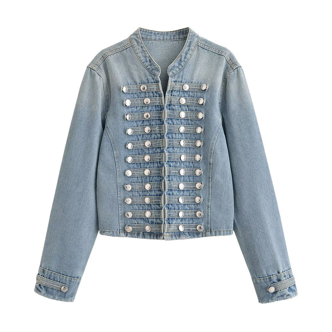 Damen Kurze Jeansjacke mit militärischer Paspelierung und dekorativen Metallknöpfen Echo Archiv