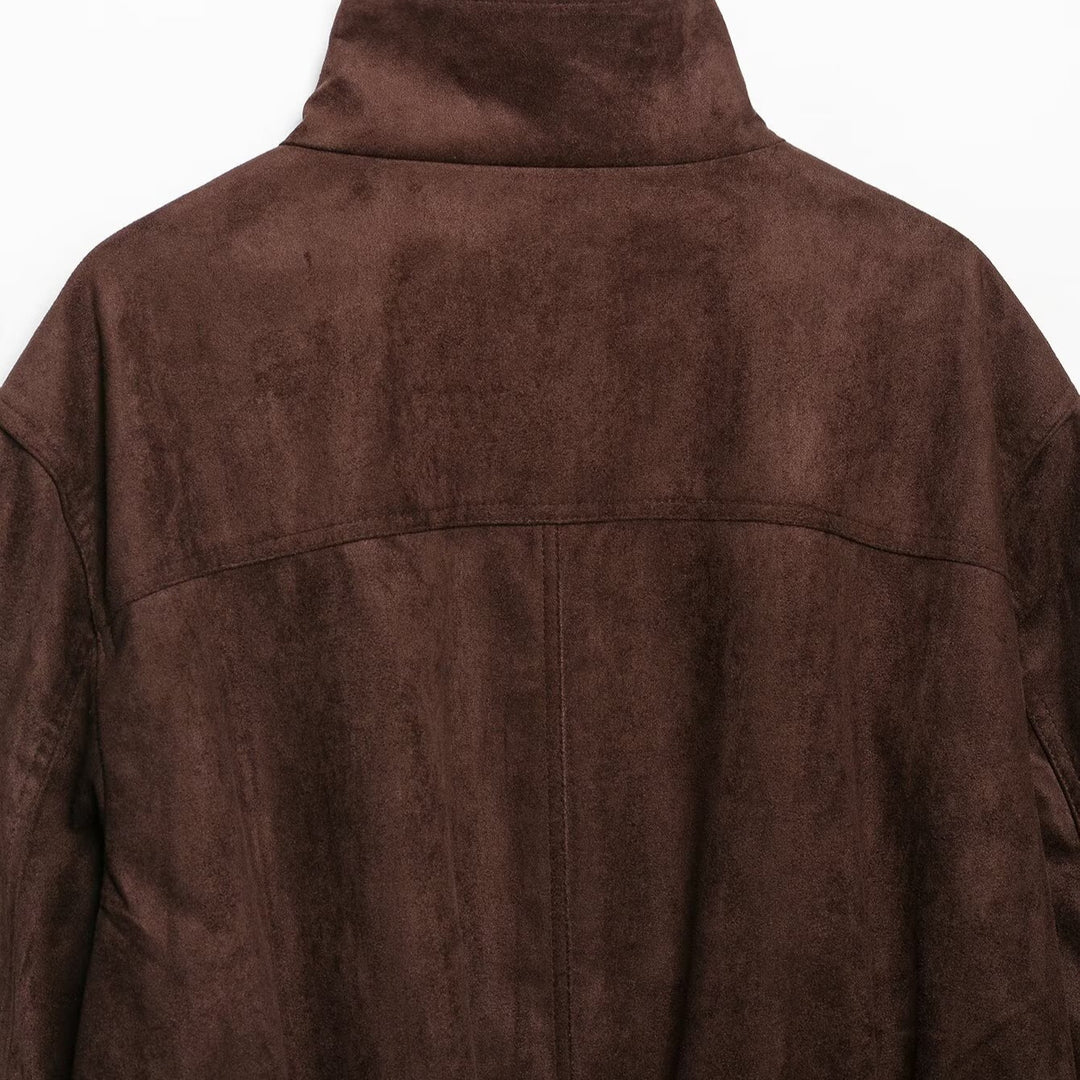Damen Velourslederoptik Bomberjacke mit Funnelkragen und elastischem Saum Echoarchiv