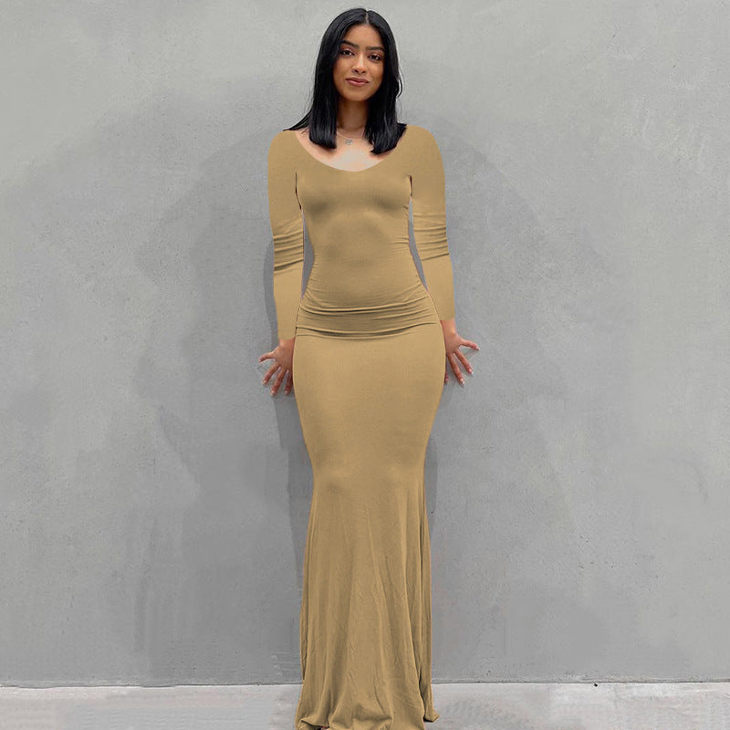 Damen Körperbetontes Maxi‑Jerseykleid mit taillierter Drapierung, langen Ärmeln und ausgestelltem Saum – Valéora