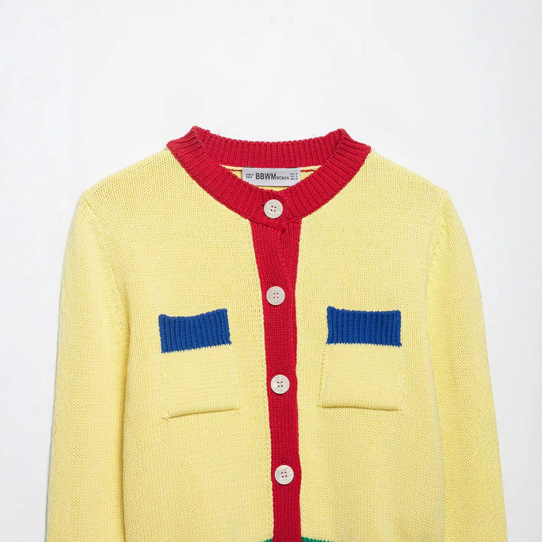 Damen Kurze Strickjacke mit Kontrastblende und Zierbrusttaschen Echo Archiv