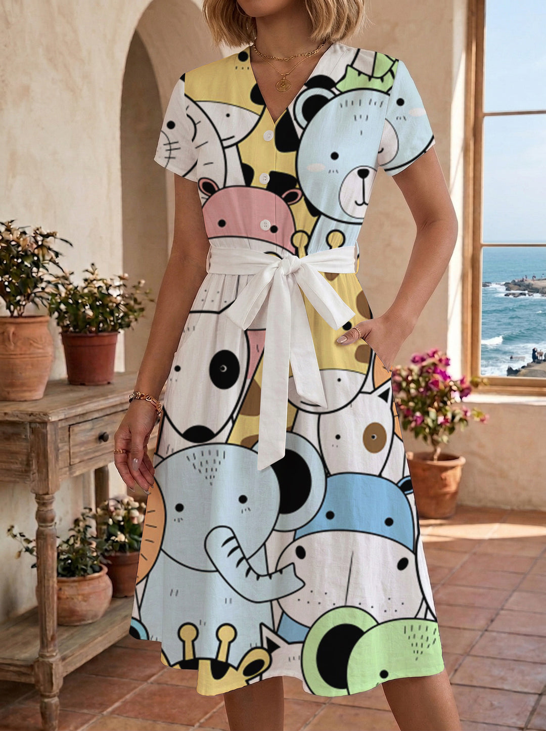 Damen Blühendes Midikleid mit taillierbarem Gürtel und kunstvollem Print Echo Archiv