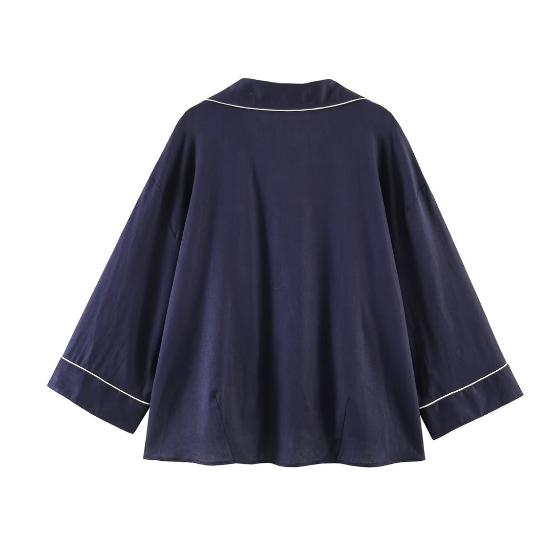Damen Pyjama-inspirierte Oversize-Hemdbluse mit Kontrastpaspel und Brusttaschen Echo Archiv