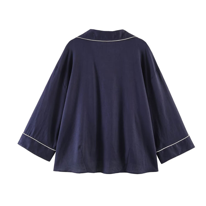 Damen Pyjama-inspirierte Oversize-Hemdbluse mit Kontrastpaspel und Brusttaschen Echo Archiv