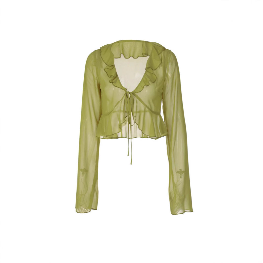 Damen Transparente Langarmbluse mit Rüschen und Bindegürtel Echo Archiv