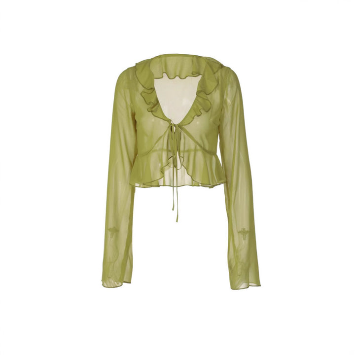 Damen Transparente Langarmbluse mit Rüschen und Bindegürtel Echo Archiv