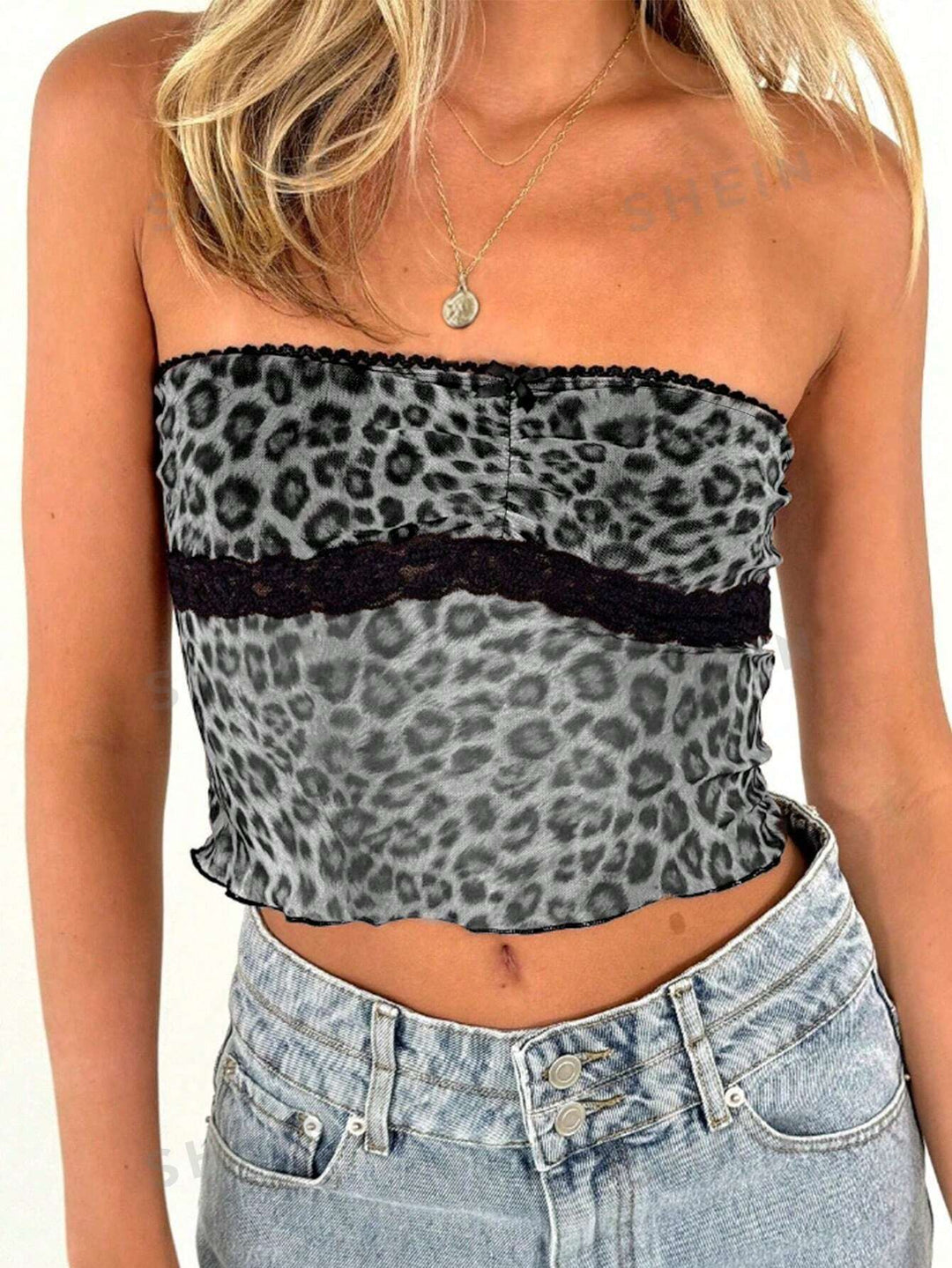 Damen Bandeau-Top mit trendigem Leopardenmuster und zarter Spitzenkante Echo Archiv