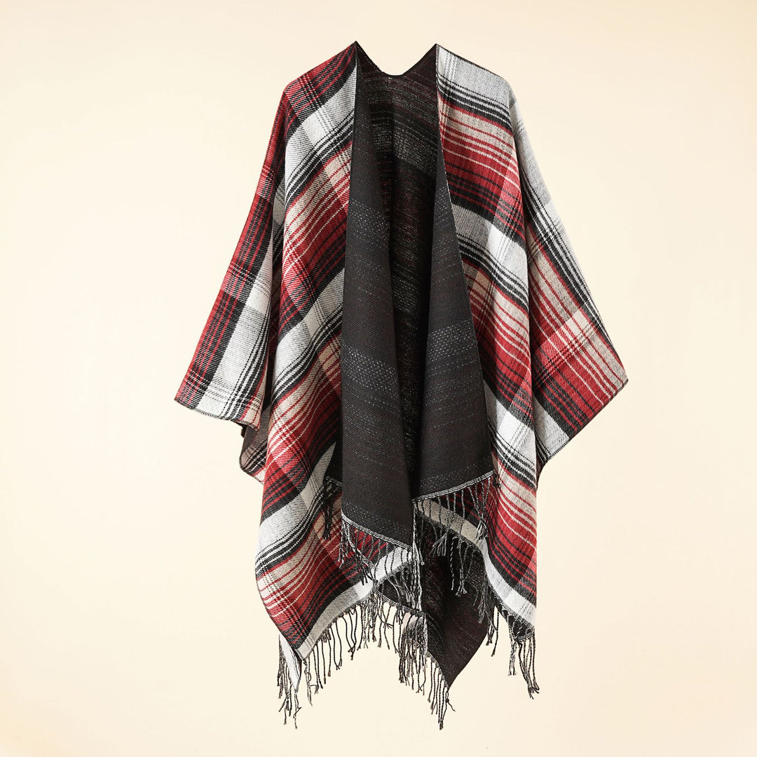 Damen Kastiger Plaid-Ruana aus leichtem Wollmix mit dekorativem Fransensaum – Avérine