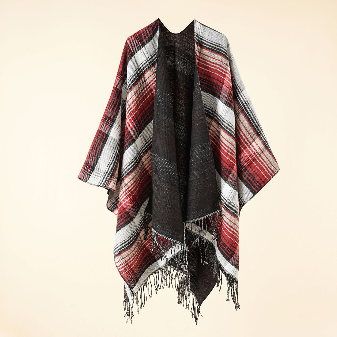 Damen Kastiger Plaid-Ruana aus leichtem Wollmix mit dekorativem Fransensaum – Avérine