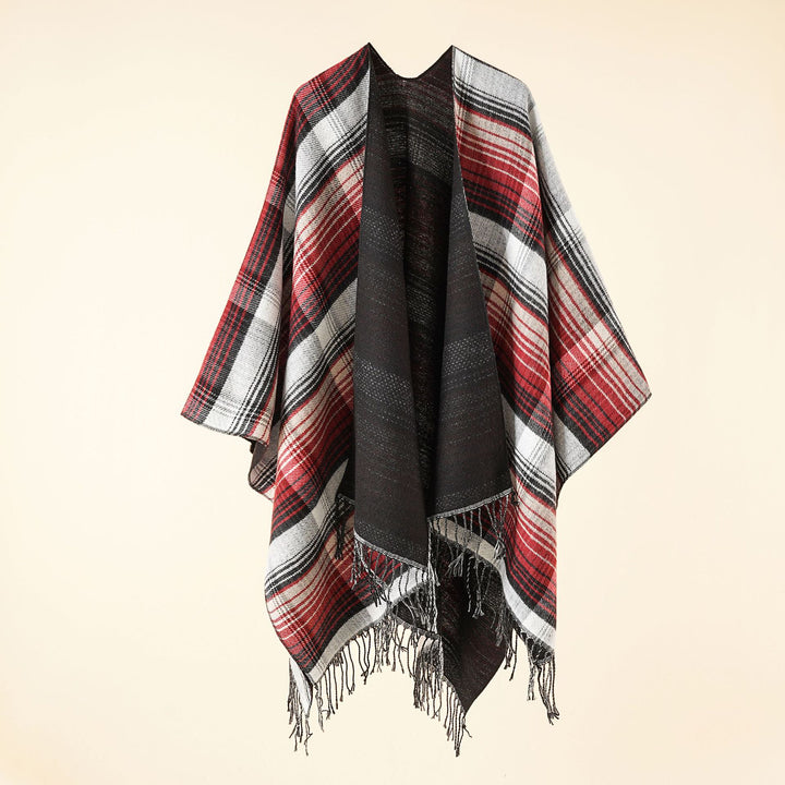 Damen Kastiger Plaid-Ruana aus leichtem Wollmix mit dekorativem Fransensaum – Avérine