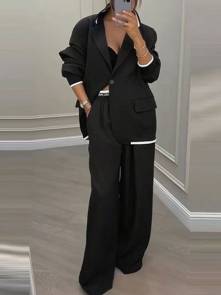 Damen Oversize-Tailoring-Set mit Kontrastpaspel, Single-Button-Blazer und hochgeschnittener Weitbeinhose – Valéne
