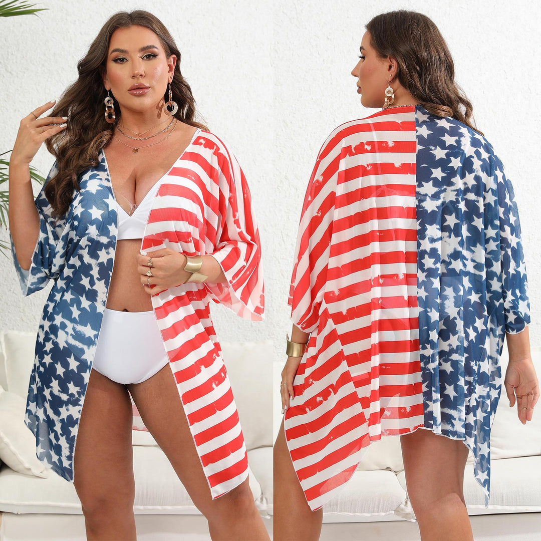 Damen lässiger Strandkimono mit patriotischem Sternen- und Streifenmuster Echo Archiv