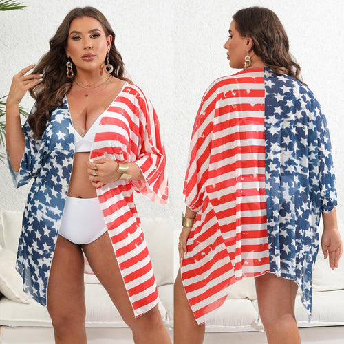 Damen lässiger Strandkimono mit patriotischem Sternen- und Streifenmuster Echo Archiv
