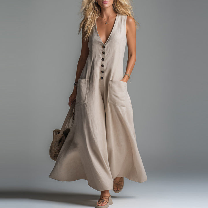Damen eleganter Jumpsuit mit tiefem V-Ausschnitt und praktischen Taschen Echo Archiv