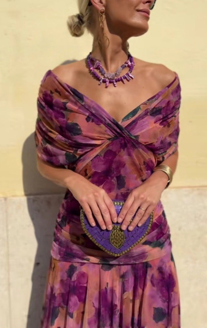 Damen nan elegantes bodenlanges Abendkleid mit drapierter Schulterpartie und luftiger Chiffon-Rock Echo Archiv