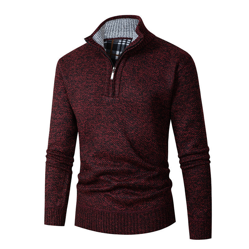 Herren nan grobgestrickter Halfzip-Pullover mit Stehkragen und karierter Krageninnenseite Echo Archiv