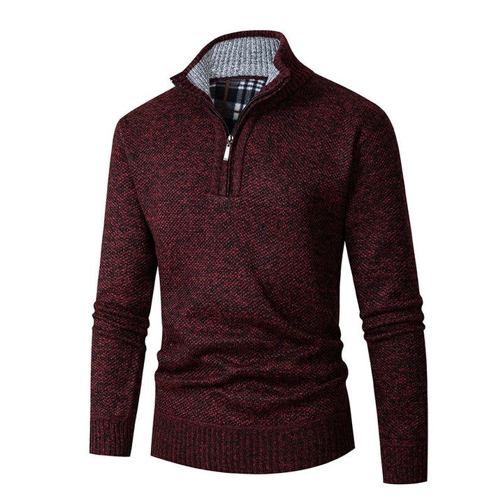 Herren nan grobgestrickter Halfzip-Pullover mit Stehkragen und karierter Krageninnenseite Echo Archiv