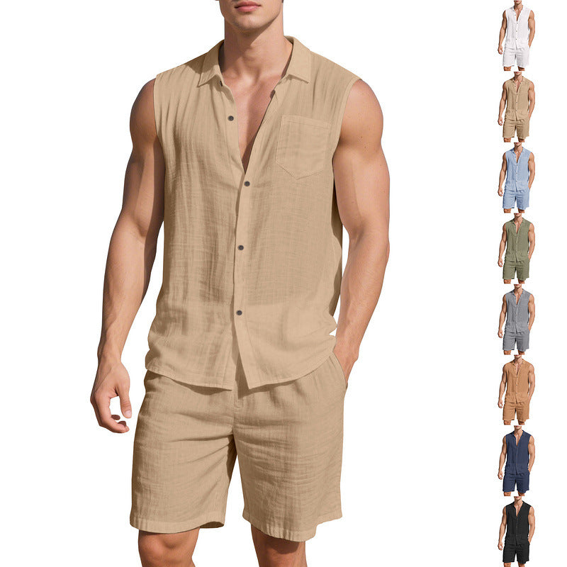 Herren nan ärmelloses Hemd- und Shorts-Set aus Baumwoll-Leinen mit Kentkragen und elastischem Tunnelzugbund Echo Archiv