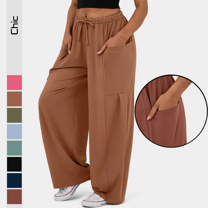Damen Weite Relax‑Hose mit hohem Elastikbund, Tunnelzug und großen Cargo-Taschen – Avérine