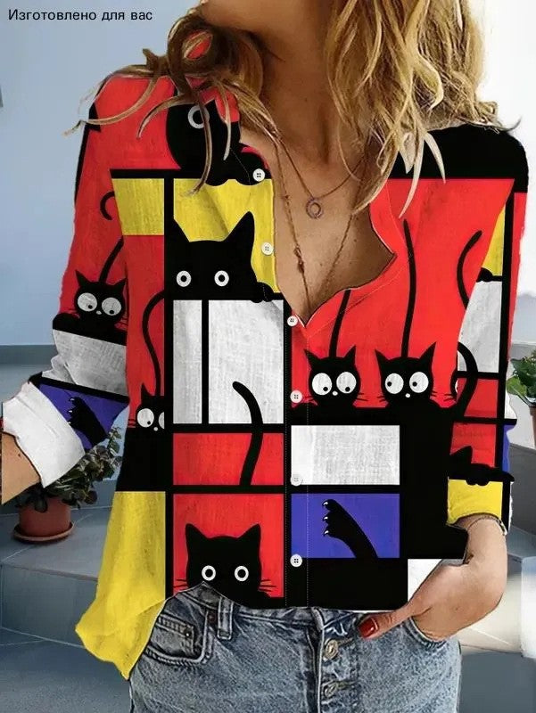 Damen Modische Hemdbluse mit einzigartigem Katzenmotiv Echoarchiv