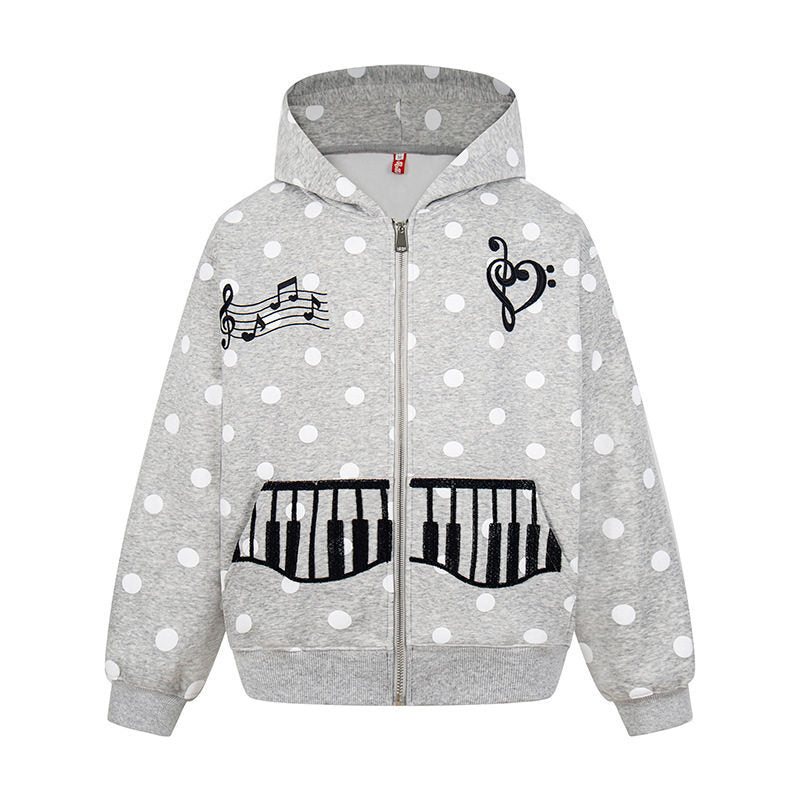 Damen Kapuzen-Sweatjacke im Retro-Punkte-Look mit gestickten Klavier-Taschen und Noten-Emblem Echoarchiv
