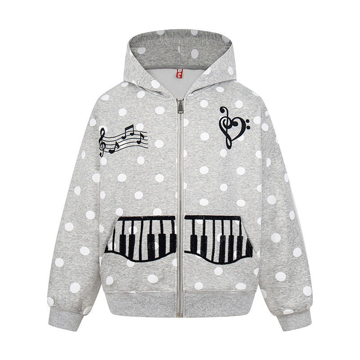 Damen Kapuzen-Sweatjacke im Retro-Punkte-Look mit gestickten Klavier-Taschen und Noten-Emblem Echoarchiv