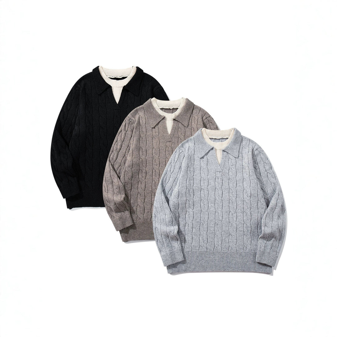 Unisex Strukturiertes Zopfstrick-Pullover mit Polokragen und tiefem V‑Ausschnitt Echoarchiv