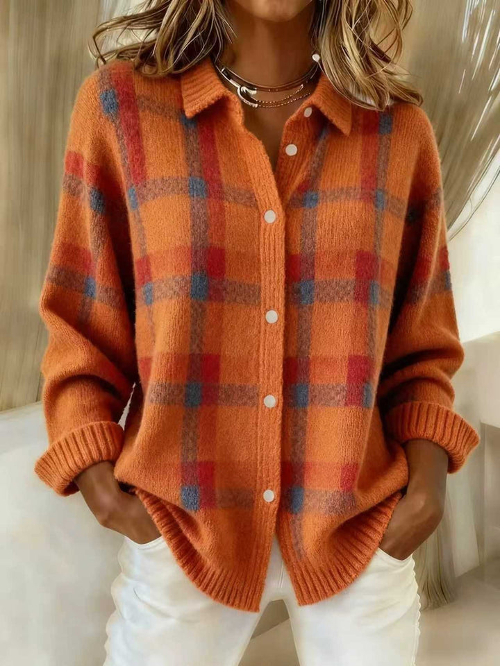 Damen Kariertes Strick-Hemdjacke-Cardigan mit Hemdkragen und gerippten Bündchen Echoarchiv