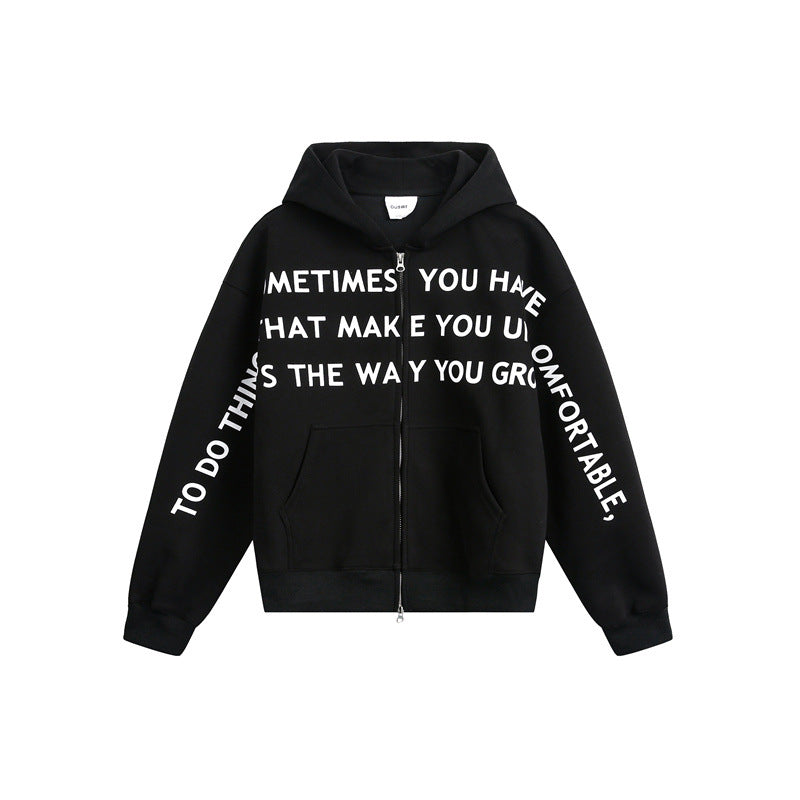 Unisex Oversize Kapuzen-Zipjacke mit Zwei-Wege-Reißverschluss und Statement-Print Echoarchiv