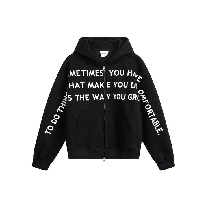 Unisex Oversize Kapuzen-Zipjacke mit Zwei-Wege-Reißverschluss und Statement-Print Echoarchiv