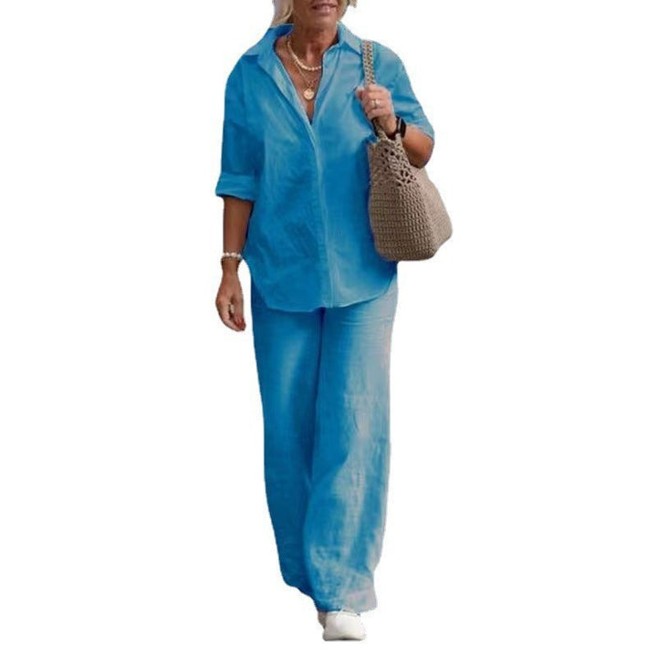 Damen Leichtes Leinen-Loungewear-Set mit offenem Hemdkragen und weiter Palazzohose Echoarchiv