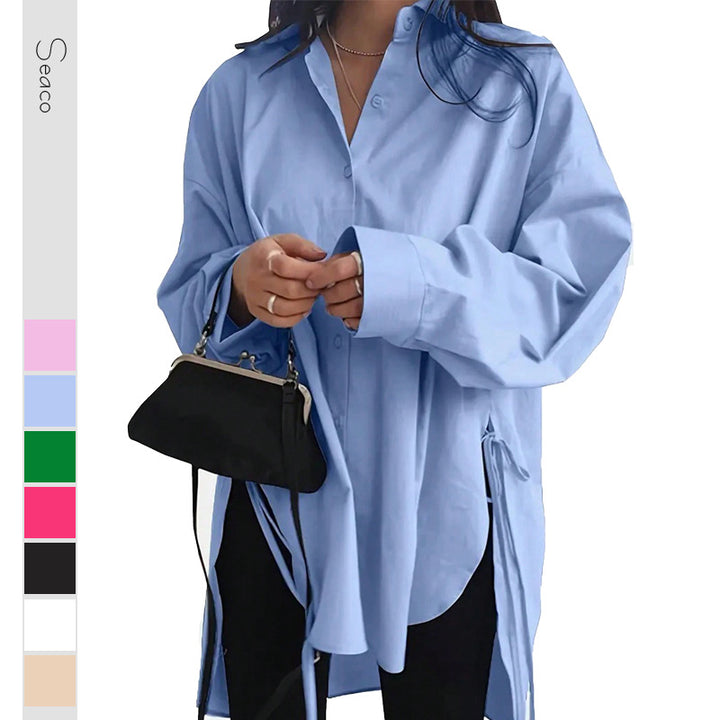 Damen Oversize-Longbluse mit Tunnelzugseiten, extralangen Manschetten und Hemdkragen – Avérine