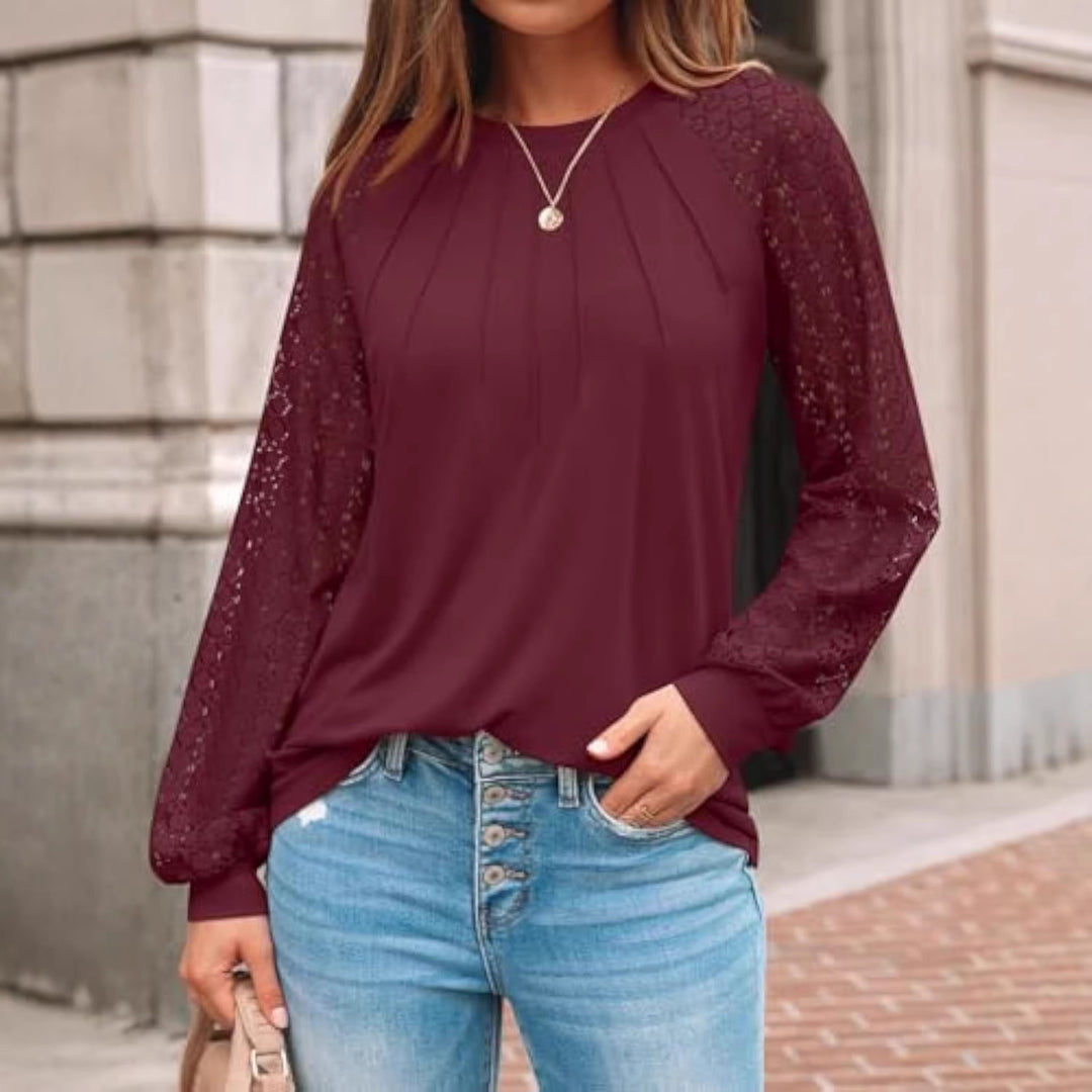 Damen Langarm-Bluse mit Spitzeneinsätzen und Kellerfalten – Élovi