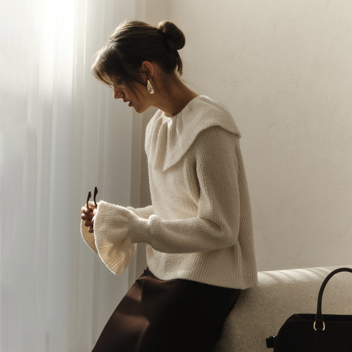 Damen Pullover mit weitem Rollkragen und Volantärmeln – Mavelle