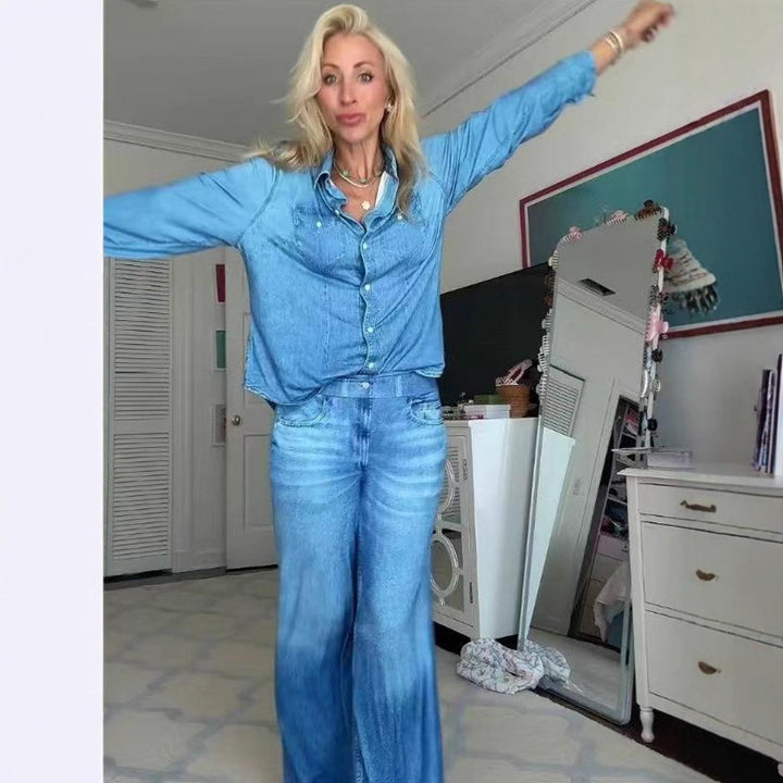 Damen Entspanntes Denim Loungewear-Set mit Übergröße Hemd und Weiten Schlaghosen Echoarchiv
