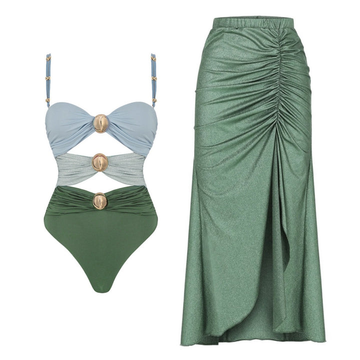 Damen Badeanzug mit raffinierten Drapierungen und eleganten Goldakzenten Echo Archiv