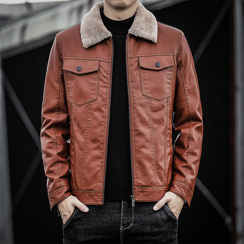 Herren Kunstleder-Truckerjacke mit wärmendem Sherpa-Kragen und Pattentaschen – Taviero