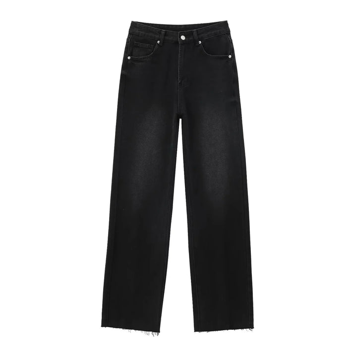 Damen hochgeschnittene weite Denimjeans mit geradem Bein und Fransensaum – Dénora