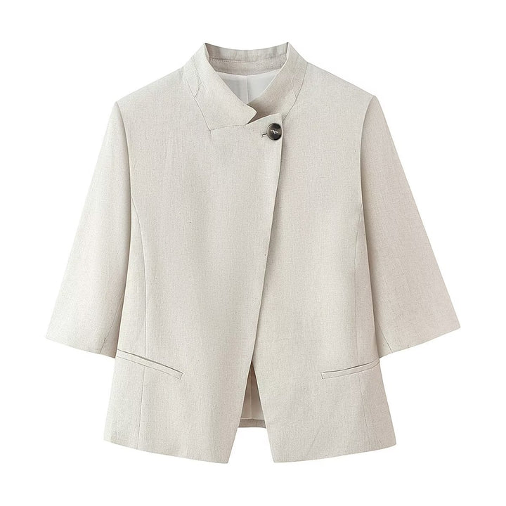 Damen Leichte Leinenoptik Kurzjacke mit Stehkragen und asymmetrischem einknöpfigem Verschluss Echo Archiv