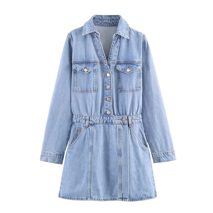 Damen Tailliertes Jeanskleid mit Bindegürtel, Hemdblusenkragen und Pattentaschen Echo Archiv