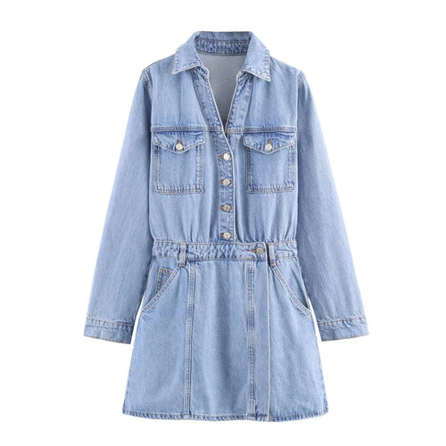 Damen Tailliertes Jeanskleid mit Bindegürtel, Hemdblusenkragen und Pattentaschen Echo Archiv