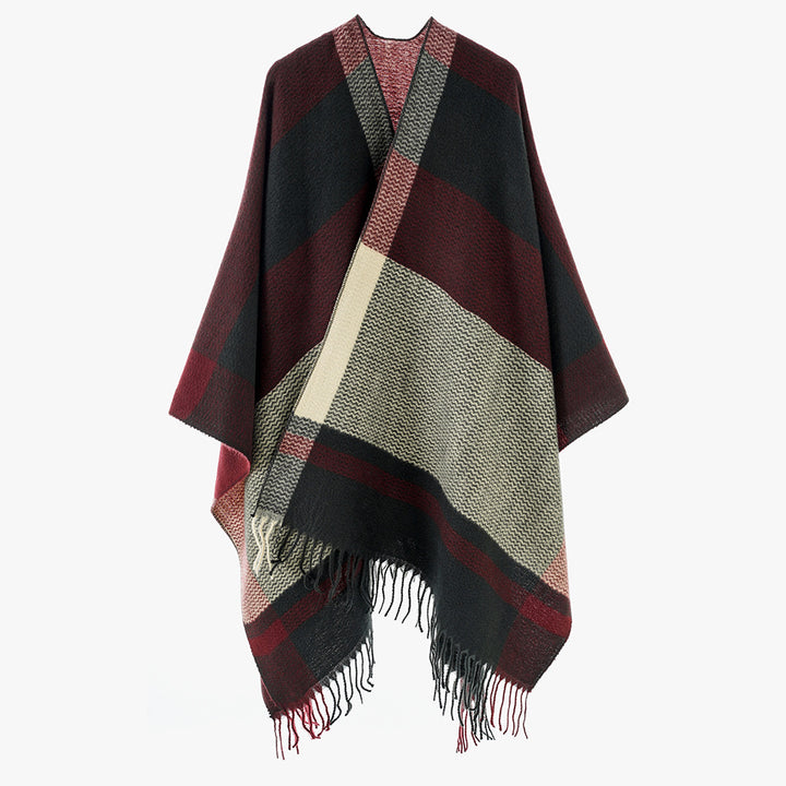 Damen Wollmix-Capeponcho mit V‑Ausschnitt, Blockstreifen und Fransen – Avérine