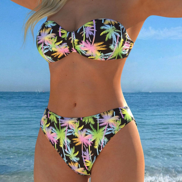 Damen Bandeau-Bikini mit farbenfrohem Palmenmuster und hohem Taillenschnitt Echo Archiv