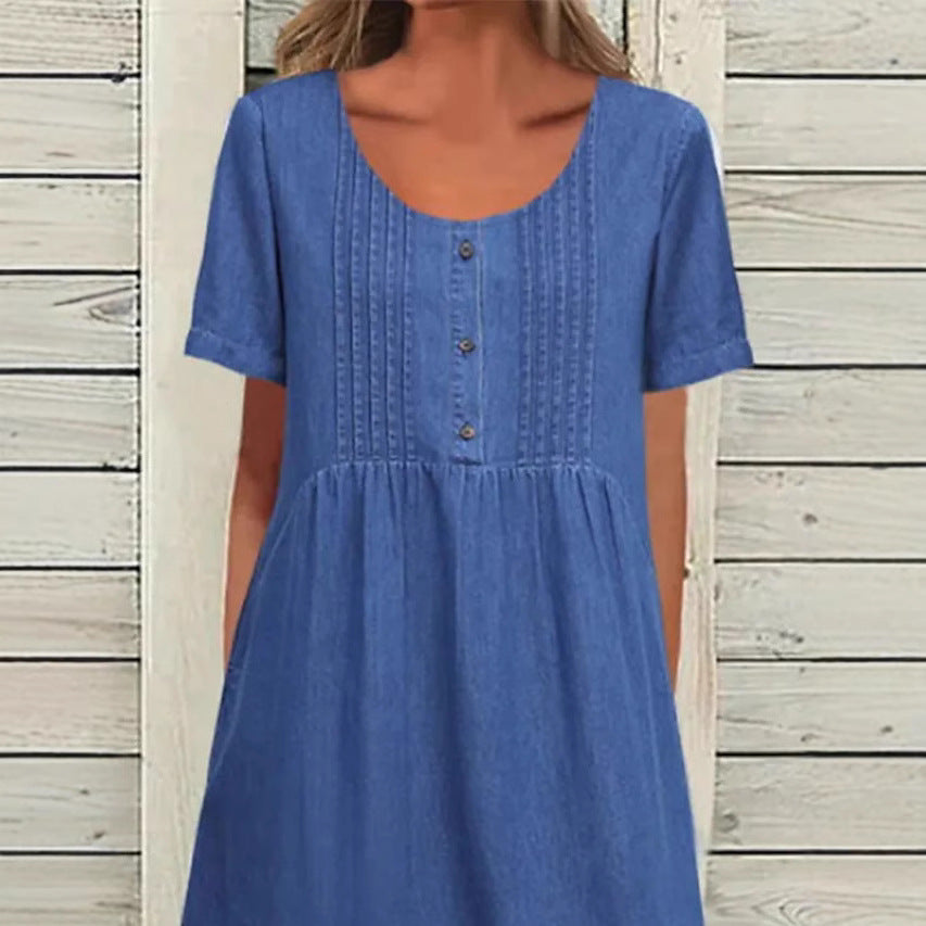 Damen nan locker sitzendes Midikleid im Denim-Look mit Rundhalsausschnitt, Brustbiesen und seitlichen Eingrifftaschen Echo Archiv
